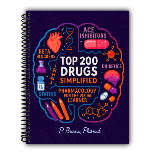 Top 200 Drugs Simplified: Pharmacology Coloring Book & Study Guide: Over 300+ pages of Clinical Pearls, Memory Aids, High-Yield Reviews for Medical, ... Technicians (NCLEX, PTCB, USMLE, NAPLEX) [Spiral-Bound]