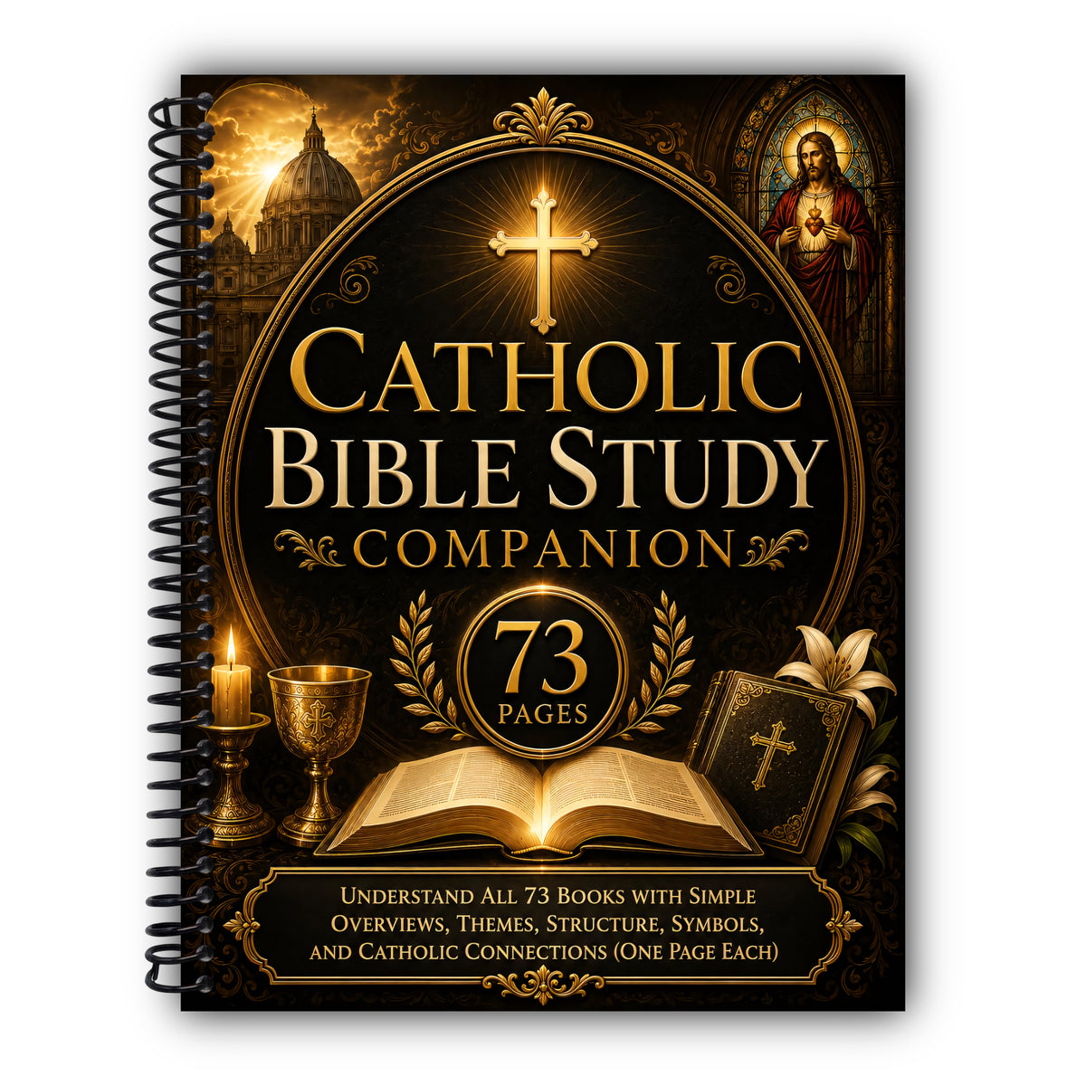 Catholic Bible Study Companion (73 Pages): Understand All 73 Books with Simple Overviews, Themes, Structure, Symbols, and Catholic Connections (One Page Each) [Spiral-Bound]