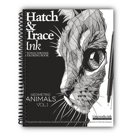Hatch & Trace Ink - Geometric Animals: Ink Tracing Book for Adults — Monochrome Coloring Book with Guided Parallel-Line Shading for Satisfying Black Ink Art That Looks Advanced [Spiral-Bound]
