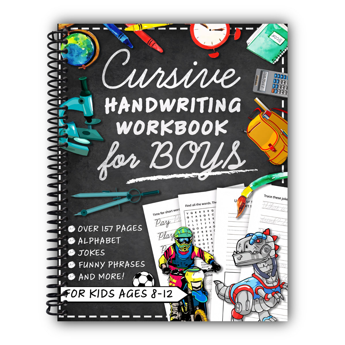 Cursive Handwriting Workbook for Kids Ages 8-12 with Jokes & Riddles for Boys: Penmanship Practice Paper and Script Writing Book for Beginners [Spiral-Bound]