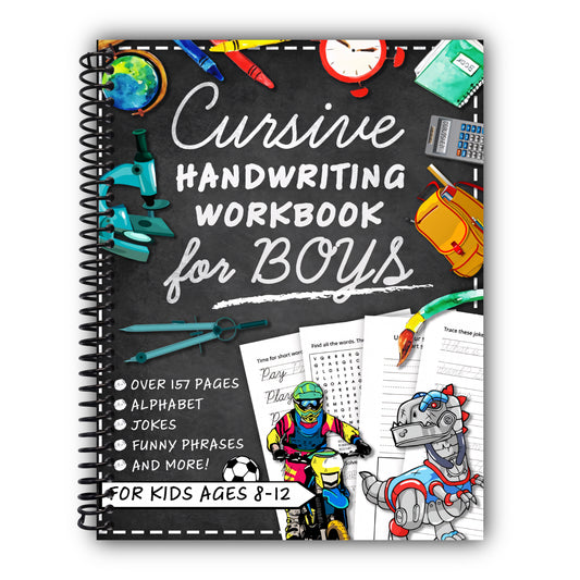 Cursive Handwriting Workbook for Kids Ages 8-12 with Jokes & Riddles for Boys: Penmanship Practice Paper and Script Writing Book for Beginners [Spiral-Bound]