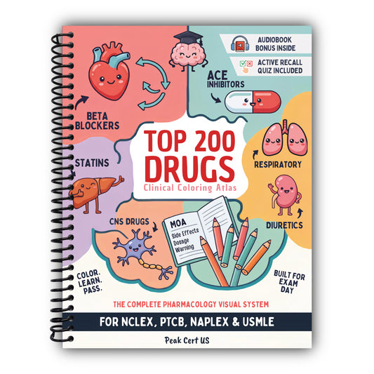 Top 200 Drugs Clinical Coloring Atlas: Master Pharmacology Faster with MOA, Onset, Peak, Duration, Side Effects & Dosages. NCLEX, PTCB, NAPLEX & USMLE [Spiral-Bound]