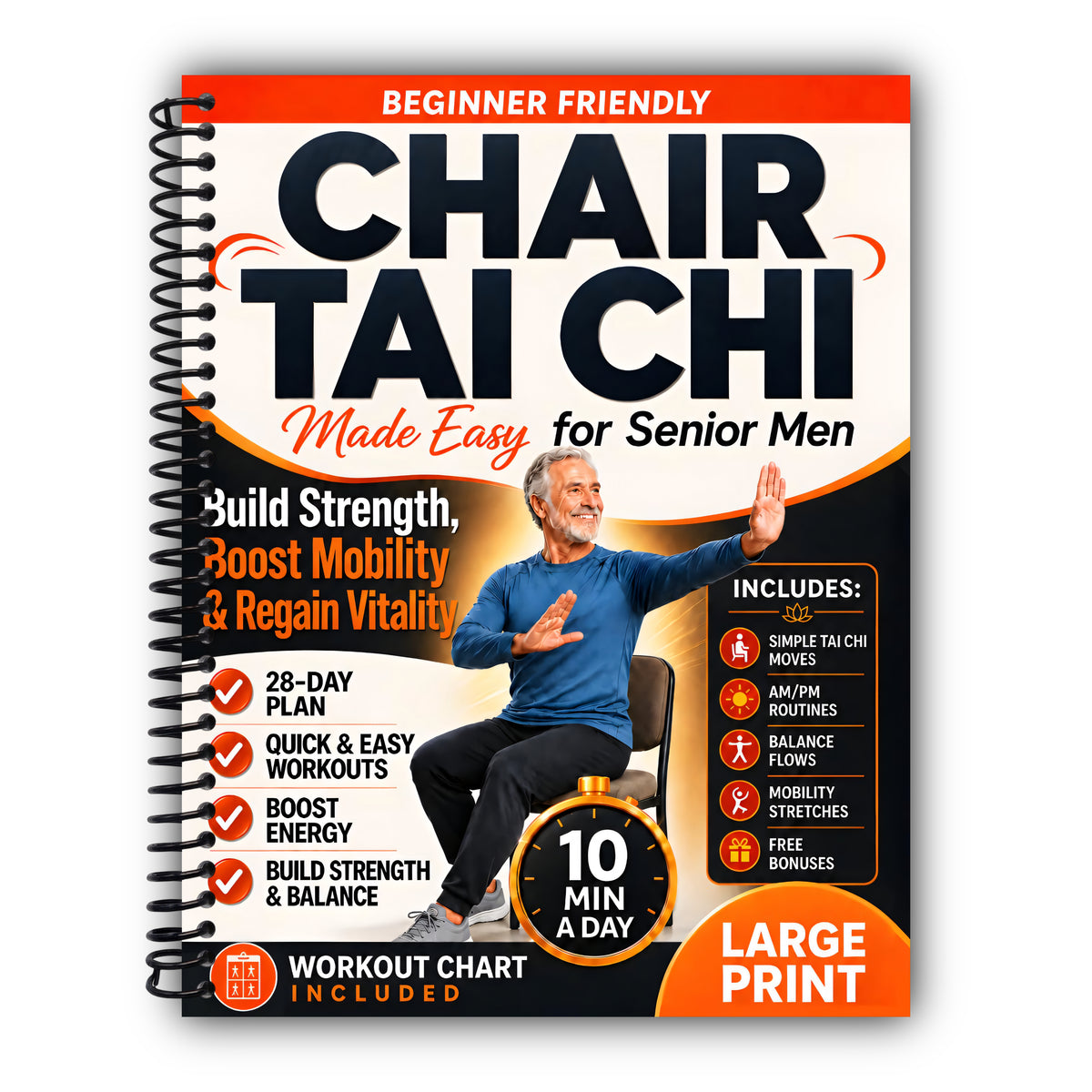 Chair Tai Chi for Senior Men: Gentle 10-Minute Seated Workouts to Rebuild Strength, Balance and Energy, Ease Stiff Joints, and Stay Steady, Independent and Active After 60 [Spiral-Bound]