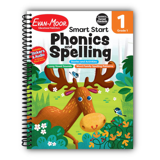 Evan-Moor’s Smart Start Phonics and Spelling Workbook for Grade 1, Beginning Reading, Spelling patterns, Learn to Read, Homeschool, Word families, Stickers, Print Copy, Audio stories [Spiral-Bound]